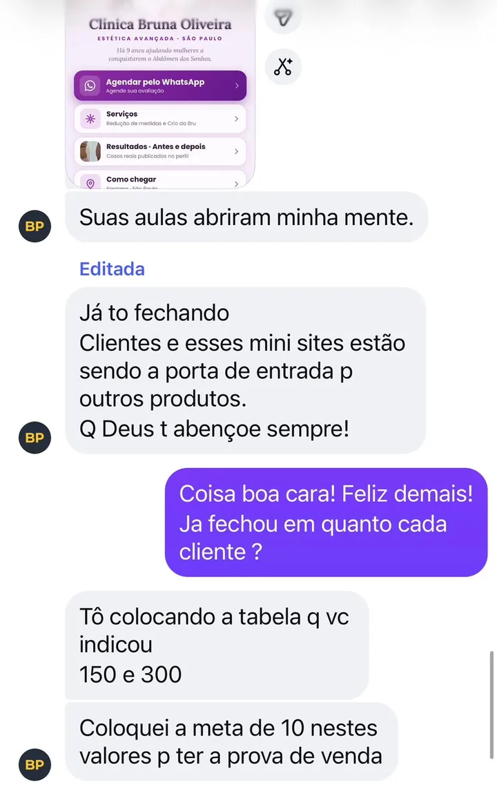 Aluno contando que já está fechando clientes